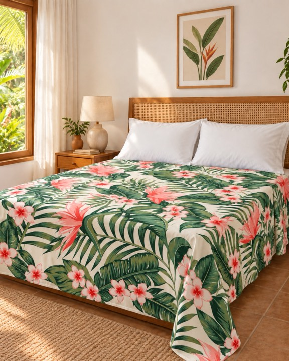 Cama com jogo de cama de estampa tropical