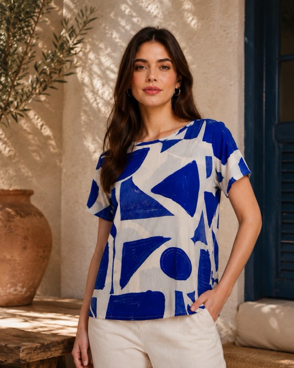 Mulher de blusa estampada azul e calça clara